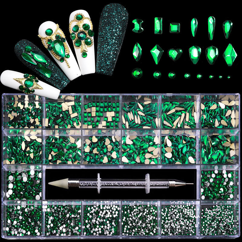 3100Pcs Green Color 3D Shapes Flat back Rhinestones Set for Nail Art Crystals Nail Gems Jewels Diamond with Rhinestones Wax Picking Pen
