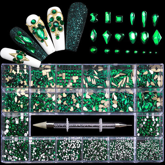 3100Pcs Green Color 3D Shapes Flat back Rhinestones Set for Nail Art Crystals Nail Gems Jewels Diamond with Rhinestones Wax Picking Pen